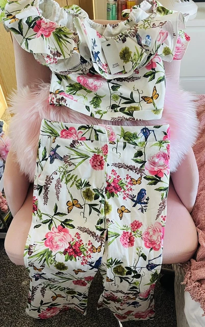💋River Island Girls New Summer Floral Off Shoulder Top & Trouser Set Age 9-10💋