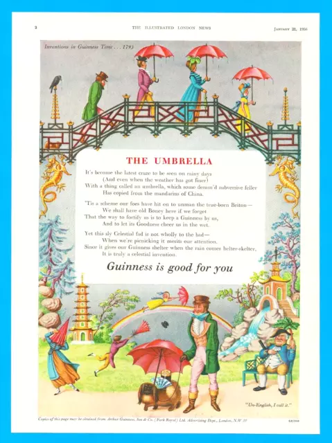 1956 GUINNESS Beer vintage art PRINT AD Umbrella POEM China inventions rainy day