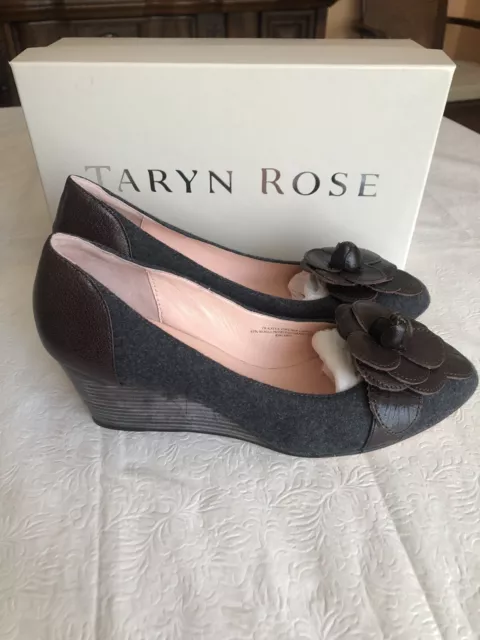 Taryn Rose leather (brown) / wool sides (dark grey) wedge heels shoes, size 8.5