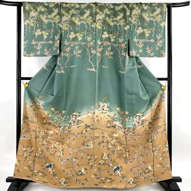 Japanese kimono  "HOUMONGI", Gold thread,Embroidery, Plants, Rider,L5' 4"..3449