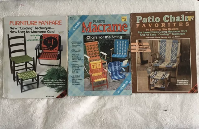 Lot Of 3 Macrame Cording Chairs Stools Tables Instruction Patterns Booklets