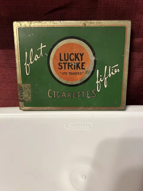 Vintage Lucky Strike Flat Fifties Cigarette Tin Metal Case Smoking Advertising