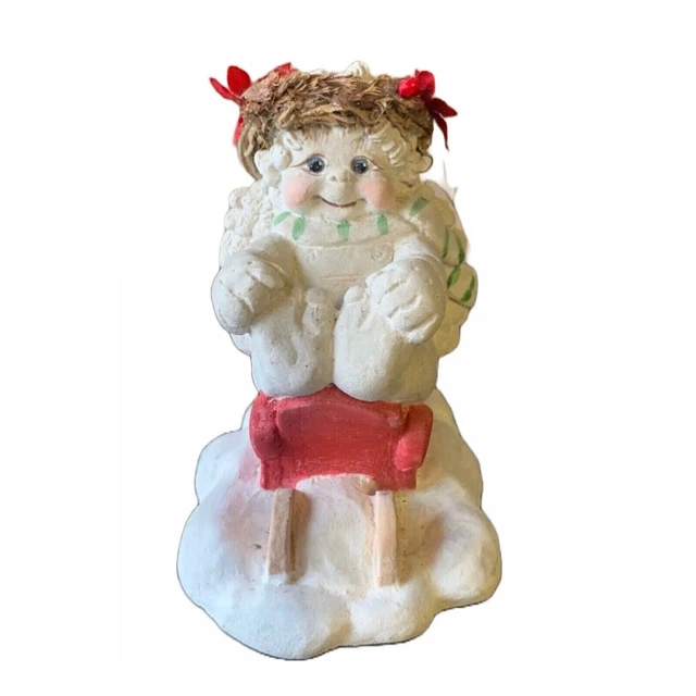 VINTAGE DREAMSICLES CAST Art Angel on Sled in Snow Poinsettias Wreath