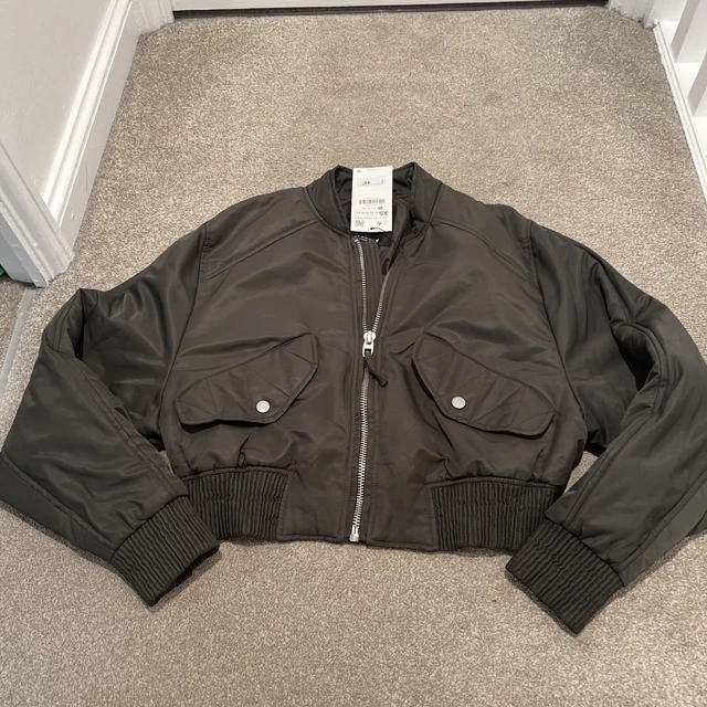 ZARA CROPPED WATER Repellent Bomber Jacket Dark Olive Green Sz Xs New