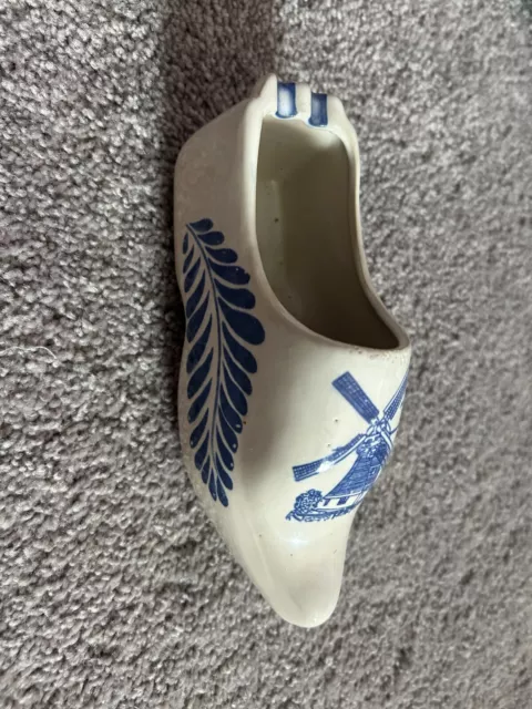 VTG Delft Blauw Dutch Shoe Hand Painted Blue White Holland Ceramic Windmill