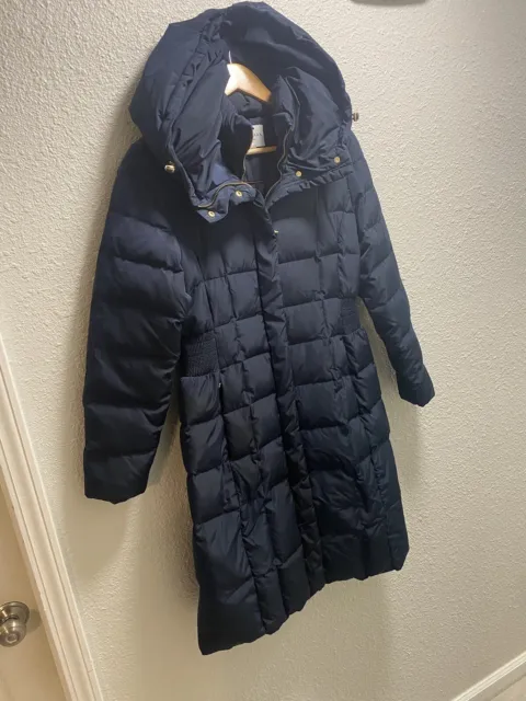 Cole Haan Signature Womens M Down Quilted Coat Feathered Navy Hooded Puffer