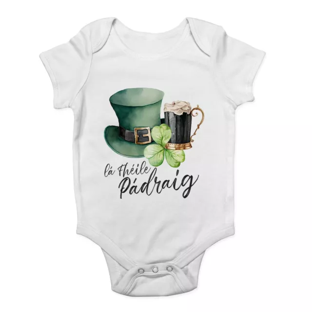 St Patrick's Day Gaelic Baby Grow Vest La Fheile Padraig Clover Hat Bodysuit