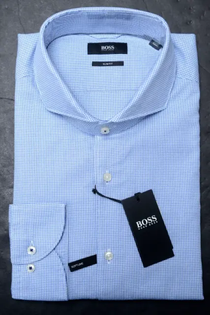 HUGO BOSS Uomo Jemerson Slim Fit Morbido Linea Blu Quadri Cotone Camicia 39 15.5