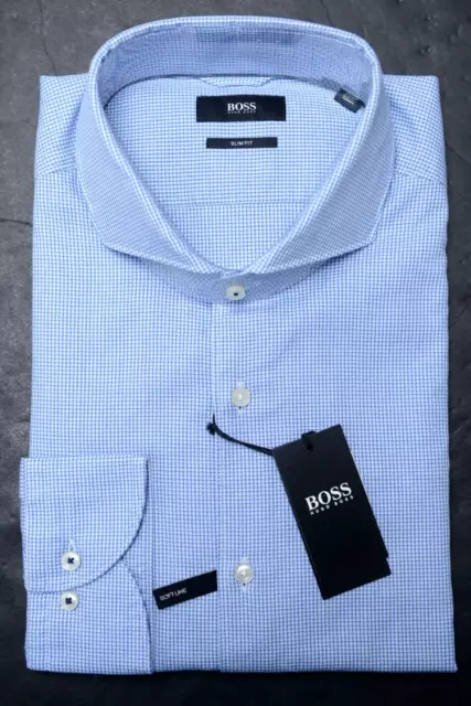 Hugo Boss Mens Jemerson Slim Fit Soft Line Blue Check Cotton Dress Shirt 39 15.5