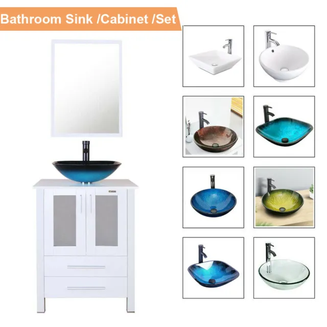 24" White Bathroom Vanity Mirror Cabinet Set Vessel Glass Ceramic Sink Faucet US