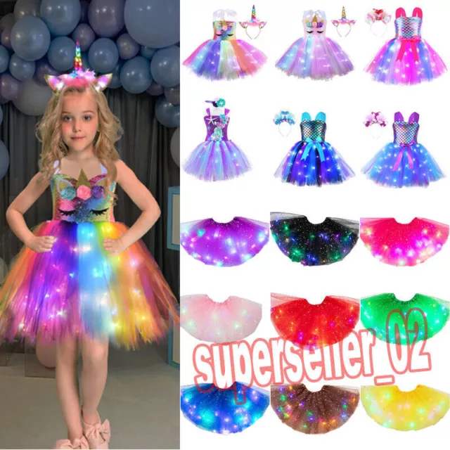 Kids Girls LED Light Up Princess Dancing Skirt Cosplay Dress Halloween Christmas