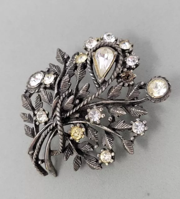 Vintage Coro Rhinestone Silver Tone Floral Leaves Brooch/Pin Signed c1940's
