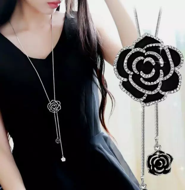 Black Rose Flower Pendant Necklace Long Sweater Chain Women Crystal Jewelry Hot