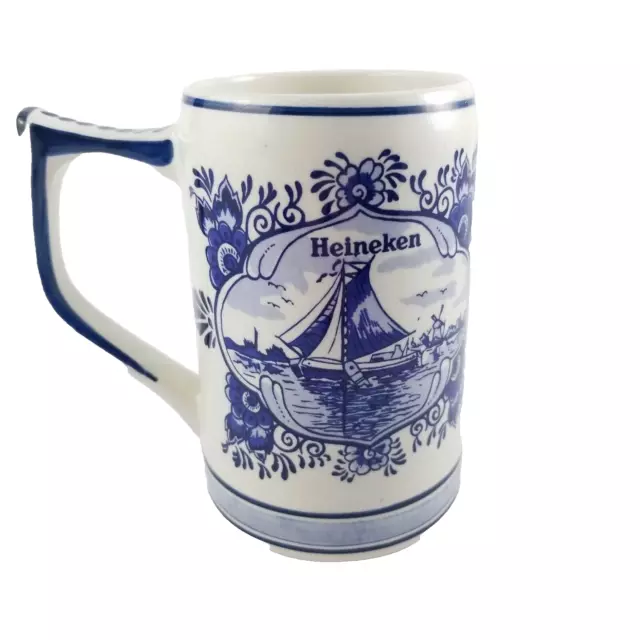 Heineken Stein Mug Delft Blue 1997 Hand Painted Dutch Sailing Ship Windmill