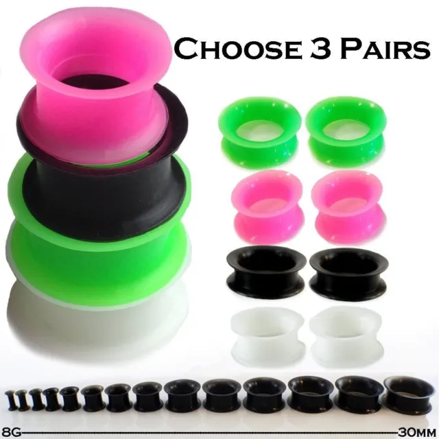 3 pares de pieles de orejasTúneles que eliges colores medidores de silicona negro verde blanco