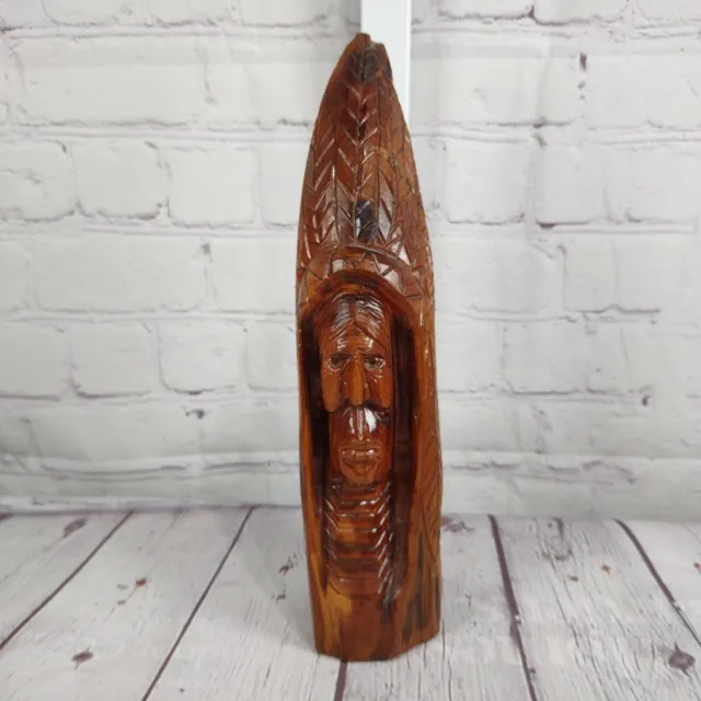 VTG Native American Indian Chief Hand Carved Wood Sculpture 10 inch