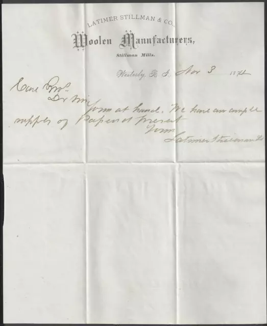 WESTERLY, RI ~ LATIMER STILLMAN & Co., WOOLEN MANUFACTURERS ~ 1874 LETTERHEAD