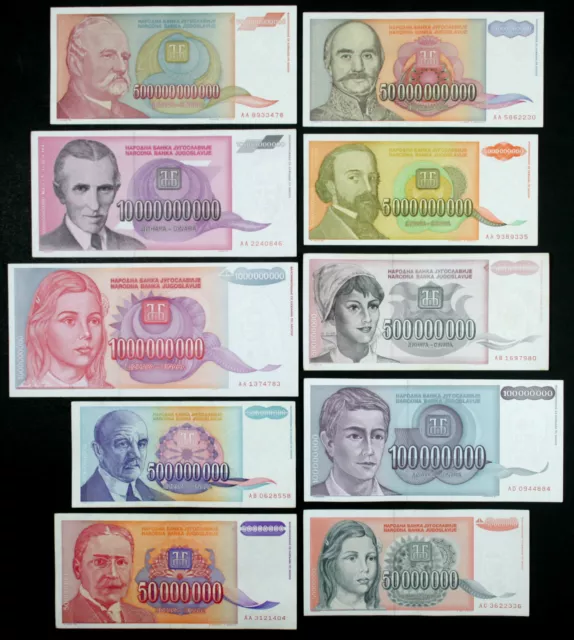 Yugoslavia HYPERINFLATION SET - 10 notes 1993 - 50 MILLION to 500 BILLION Dinara