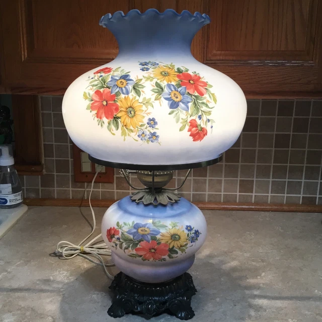 21” 1971 L&L WMC Milk Glass 3 Way Hurricane Lamp Colorful Floral GWTW Style