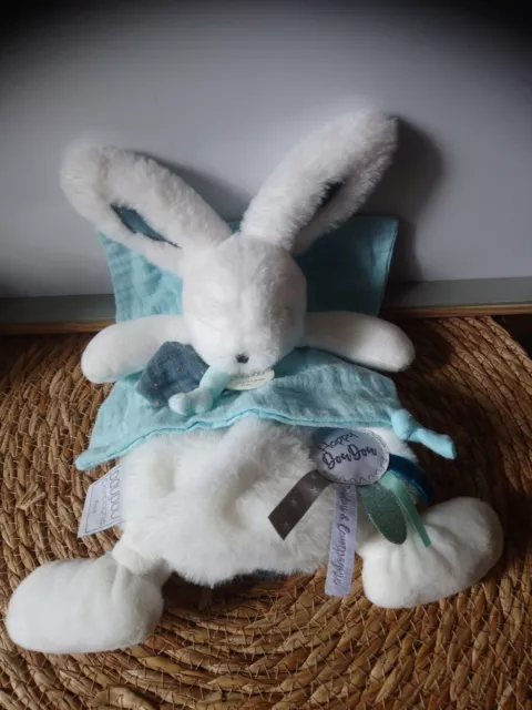 Doudou et compagnie lapin blanc bleu vert marionnette Happy doudou état neuf