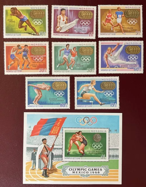 Mongolia - Giochi Olimpici 1968, Messico, Medaglie, Set di 8 Francobolli + MS, nuovo di zecca