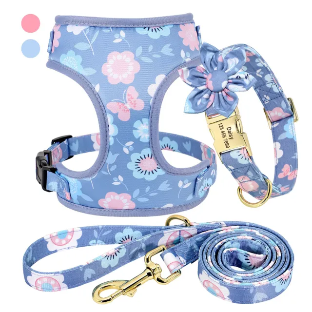 Floral Dog Harness + Matching Lead + Pesonalised Dog Collar Set for Small Large