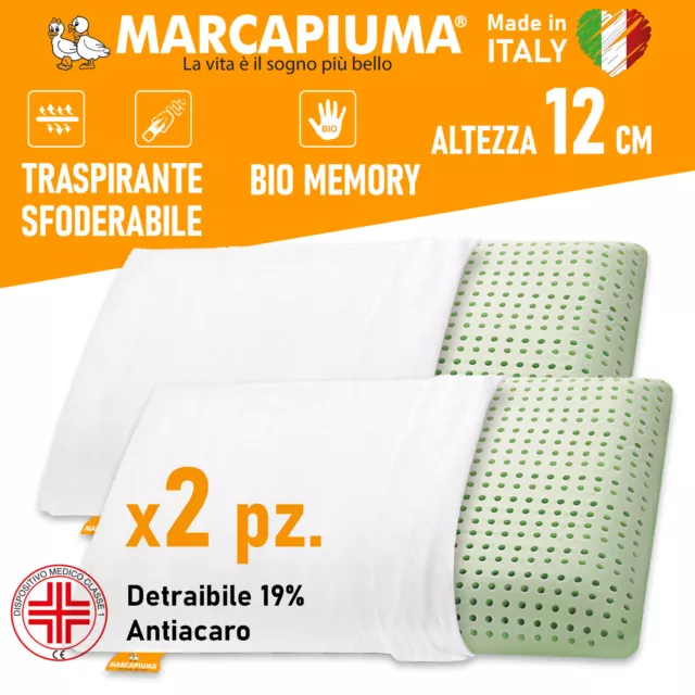 COPPIA CUSCINI BIO MEMORY SAPONETTA SFODERABILE alto 12 cm BIO GREEN Marcapiuma