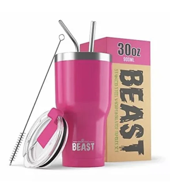 BEAST 30oz Pink Tumbler - Stainless Steel Insulated Coffee Cup with Lid, Straws