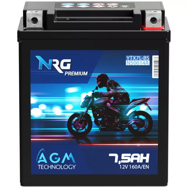 NRG AGM Motorradbatterie YTX7L-BS 12V 7,5Ah Batterie 50614 YTX7L-4 CTX7L-BS 7Ah