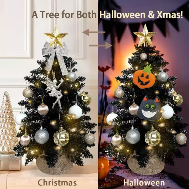 2FT Halloween Decoration Tabletop Christmas Tree with Lights and Ornaments