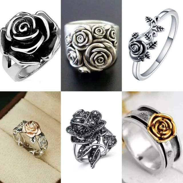 Vintage Silver Leaf Rose Flower Rings Gold for Women Party Jewelry Gift Size6-10