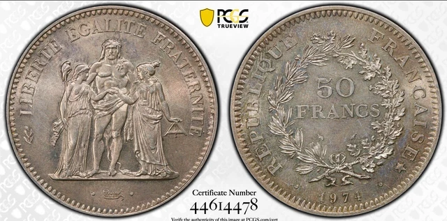 50 francs Hercule argent 1974 avers de la 20 francs PCGS MS65 FDC Fleur de coin