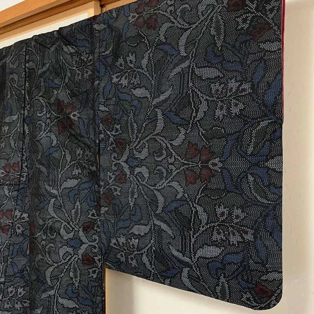 Japanese Kimono Oshima Tsumugi Silk Pongee Weave 160cm Leaf Pattern Indigo Blue 3