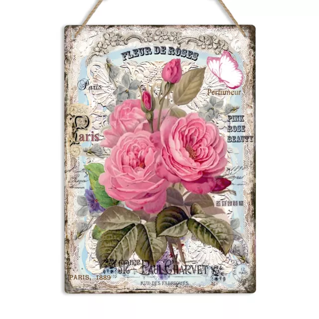Shabby Chic Pink Rose flower Vintage French Metal Sign Wall Plaque Home Decor