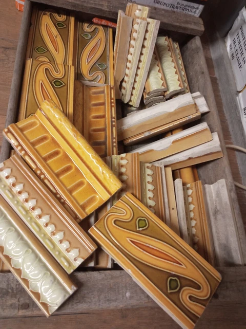 Lot of 79 original border & bullnose antique tiles majolica yellow ocher cream