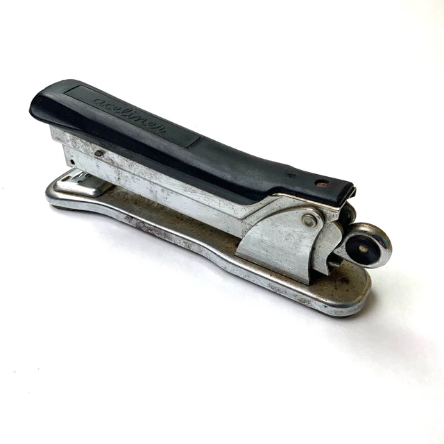 Ace Liner Stapler Model 502 Office Desktop Chrome Black Spring Load Vintage