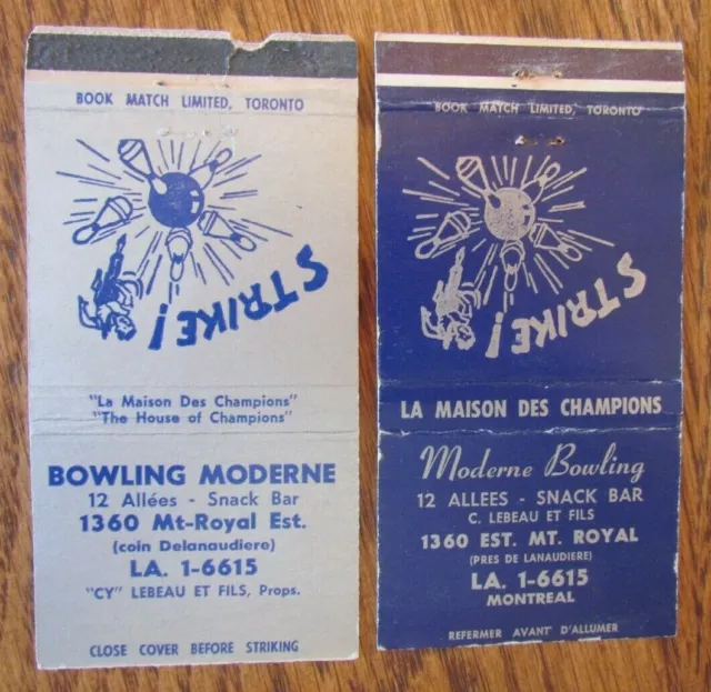 Bowling Matchbooks: Moderne Bowling (Montreal, Quebec) (2 Different) (Sports) F2