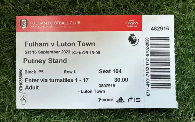 Fulham v Luton Town Saturday 16 September 2023 - EPL Premier League Match Ticket