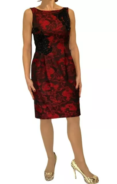 Carmen Marc Valvo Black Red Floral Jacquard Beaded Sleeveless Sheath Dress 2 NWT 3