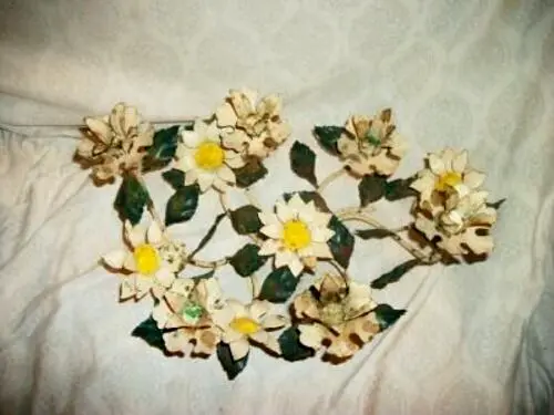 ITALIAN TOLE FLORAL CANDELABRA 6 CANDLE CHIPPY RUSTY ORIGINAL  1930s ANTIQUE