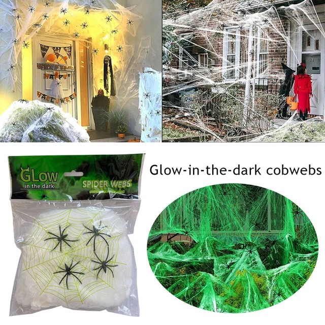 GLOWINTHEDARK SPIDER WEBS White Stretch Cobwebs Fake Spiders Horror