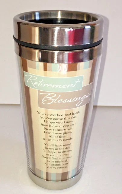 Retirement Blessings Brown Stripe 16 oz Stainless Steel Insulated Travel Mug NEW