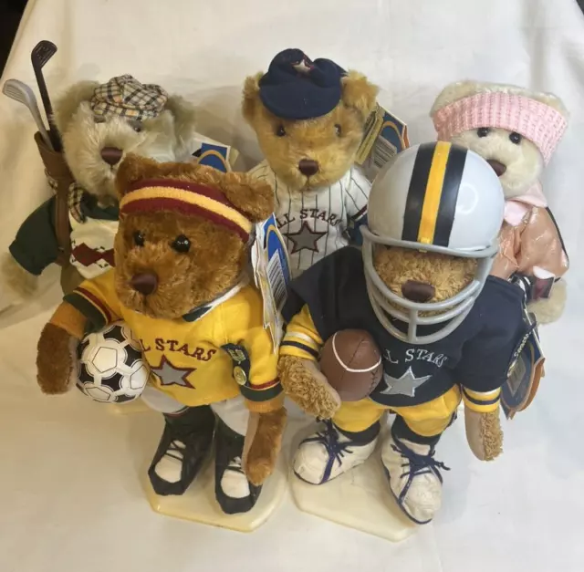 Teddy Bears Brass Button Sports Bears Lot - 5 Plush Bears w/ Stands 12" Plush