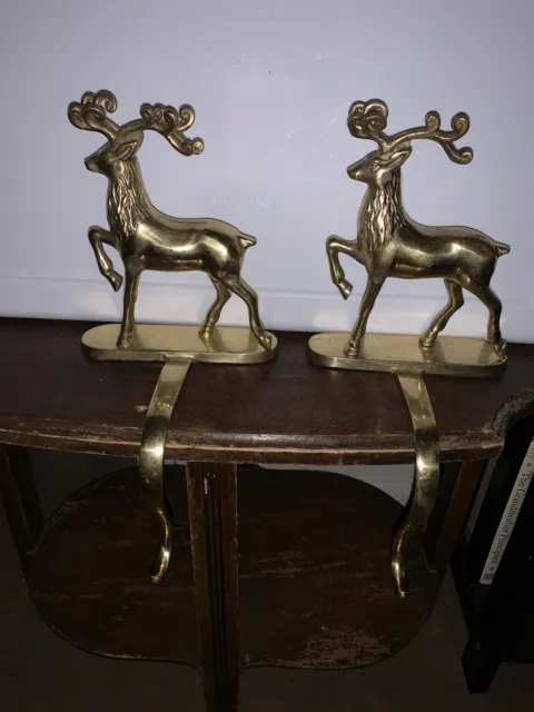 Vintage Brass Deer Reindeer Stocking Holder Long Arm Gold Finish Heavy Christmas