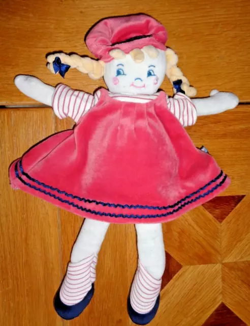 5Pa /  Doudou Peluche  Poupee Sucre D'orge Robe Rose Tresse 30 Cm Tbe