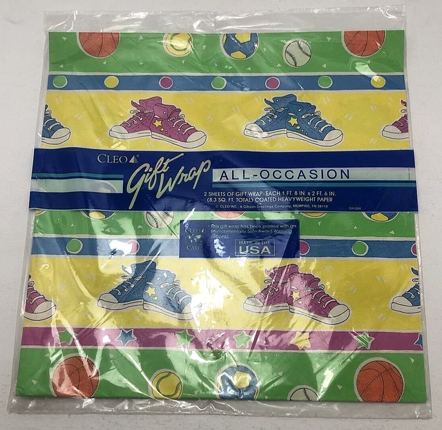 Vintage  Cleo Gift Wrap - Neon Sneakers Sports Theme - 2 Sheets - New/Unopened