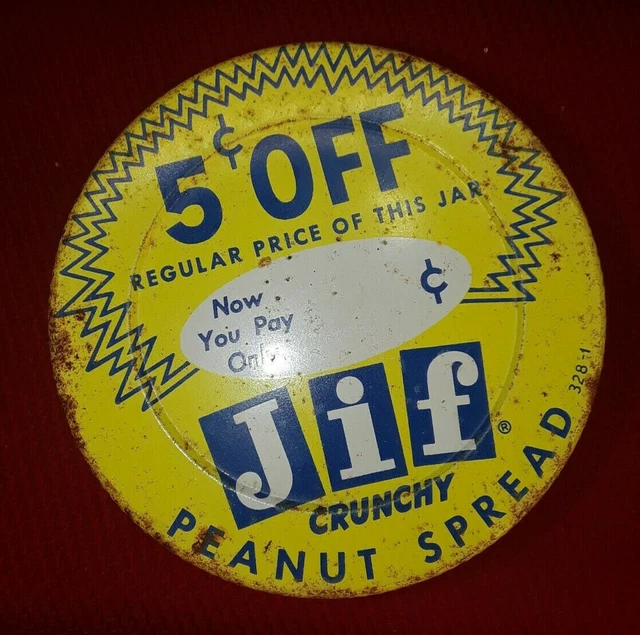 VINTAGE JIF PEANUT BUTTER JAR spread rare 5 cent lid old embossed