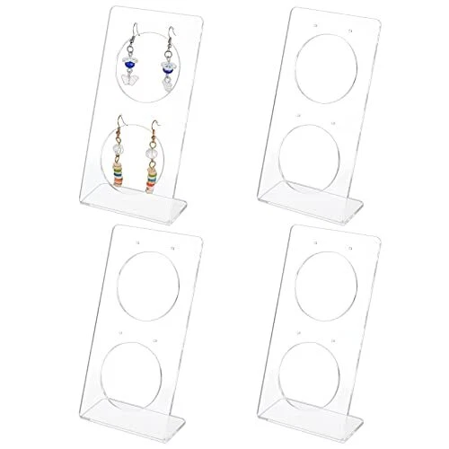 4 Packs 4 Holes Earring Stands With 2 Round Cutout Inner Frame, Clear Acrylic