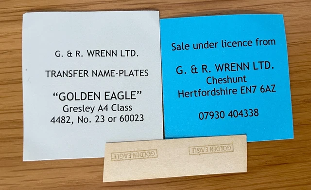 WRENN & Hornby Dublo Gresley A4 Transfer name plates  "GOLDEN EAGLE" W2209