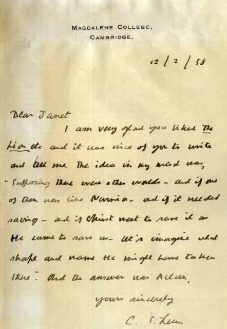 CS LEWIS Signed Letter - Writer / Author / Poet / Humourist - NARNIA preprint